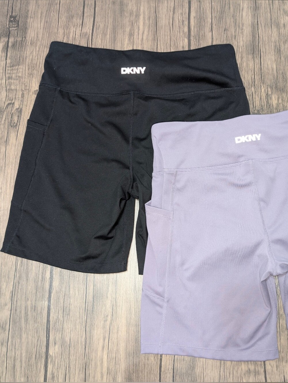 DKNY Size XL WOMANS BIKE SHORTS W/ Side POCKET BLACK PURPLE Lit Of 2 Pairs